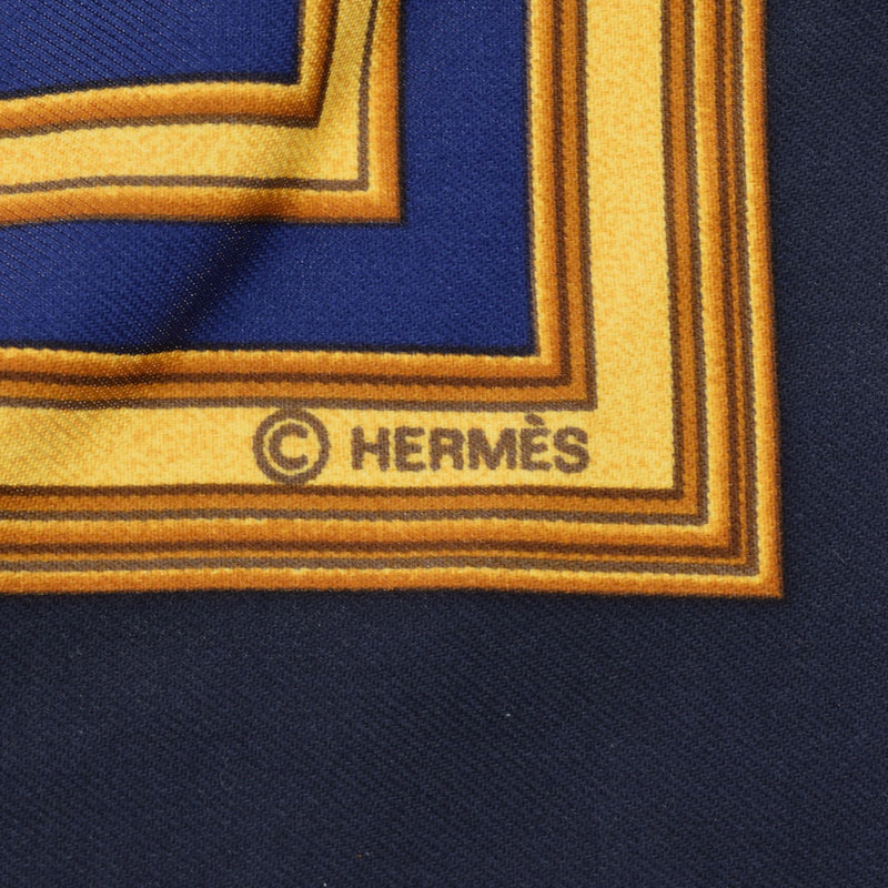 HERMES エルメス カレ90 馬柄 ゴールド/紺 レディース シルク100％ スカーフ Aランク 中古 銀蔵