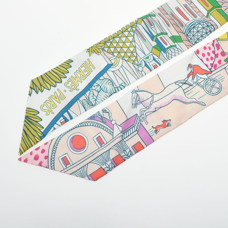 HERMES エルメス ツイリー ANIMAPOLIS ブラン/ヴェール/ローズ レディース シルク100％ スカーフ Aランク 中古 銀蔵
