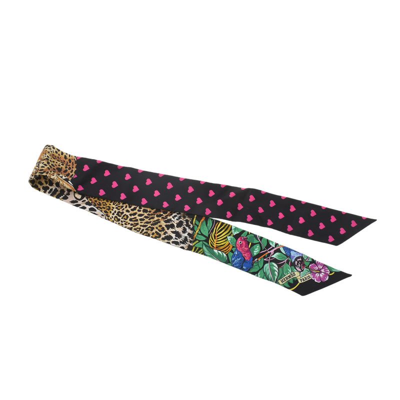 HERMES エルメス ツイリー JUNGLE LOVE LOVE ブラック/ヴェール/ローズヴィフ レディース シルク100％ スカーフ Aランク 中古 銀蔵