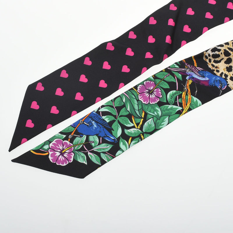 HERMES エルメス ツイリー JUNGLE LOVE LOVE ブラック/ヴェール/ローズヴィフ レディース シルク100％ スカーフ Aランク 中古 銀蔵