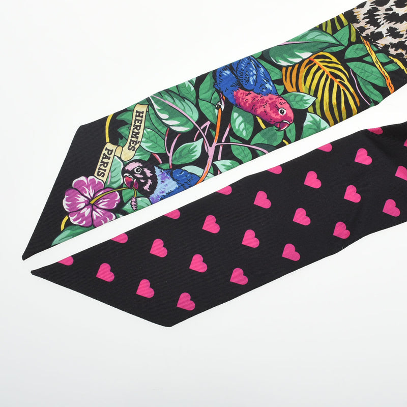 HERMES エルメス ツイリー JUNGLE LOVE LOVE ブラック/ヴェール/ローズヴィフ レディース シルク100％ スカーフ Aランク 中古 銀蔵
