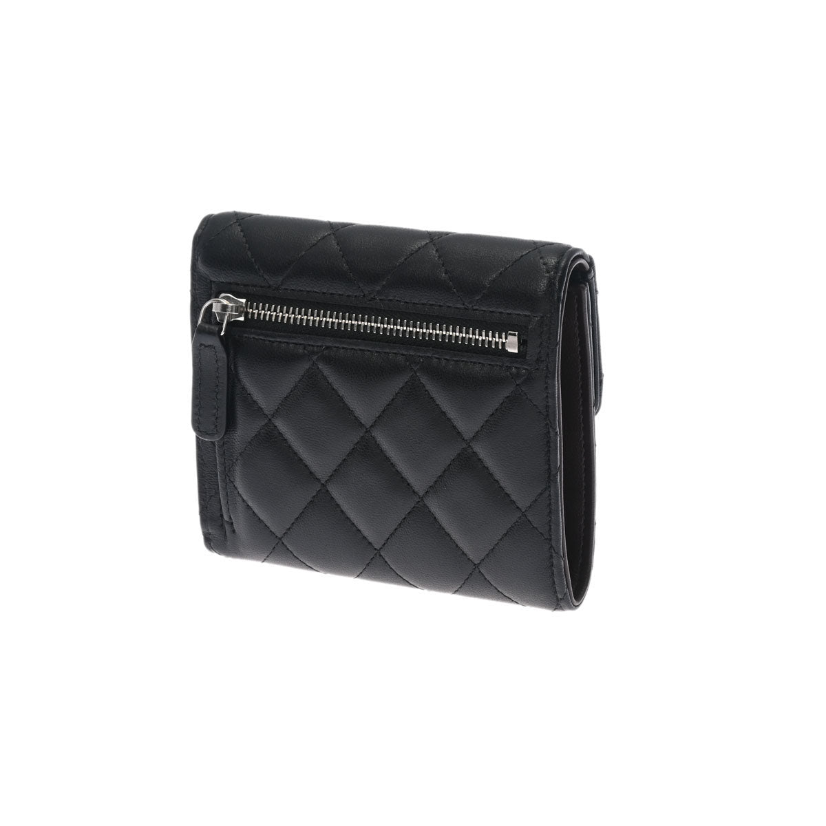鑑定済【CHANEL】シャネル　マトラッセ　ラムスキン　二つ折り長財布　ブラック シャネル 42976 ブラック シルバー金具 レディース ラムスキン 二