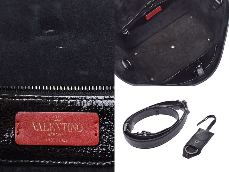 Valentino 2WAY handbag black Lady's patent leather studs A rank beauty product VALENTINO strap used silver storehouse
