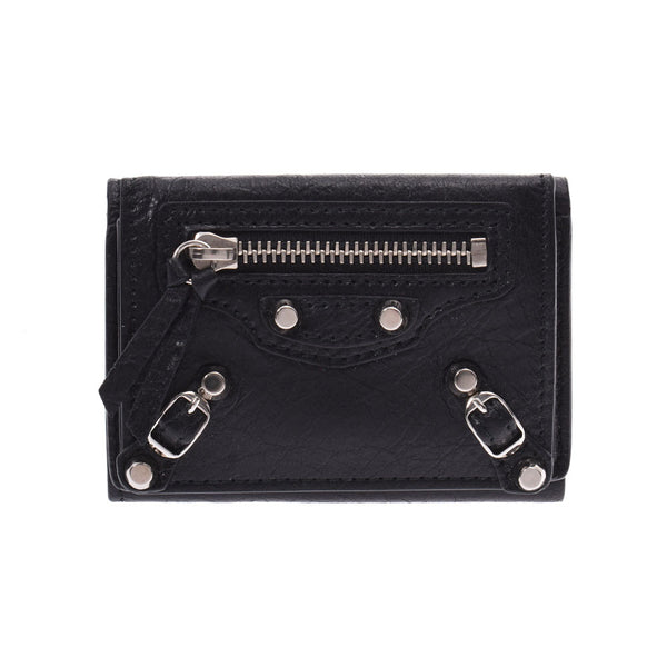 BALENCIAGA Classic Mini Wallet Black x Silver Hardware Ladies Leather Tri-fold Wallet Used