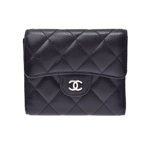 CHANEL シャネル, 黒 シルバー金具 レディース キャビアスキン 二つ折り財布, 中古