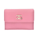CHANEL Lucky Flower Pink Gold Hardware Ladies Leather Tri-fold Wallet Shindo Used Ginzo