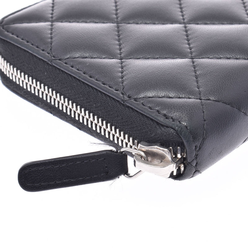 CHANEL Mattelasse Round Zipper Wallet Black Silver Hardware Ladies Lambskin Wallet AB Rank Used Ginzo