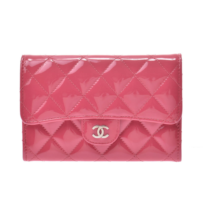 CHANEL Chanel matelasse compact wallet pink silver metal fittings Lady's enamel folio wallet B rank used silver storehouse