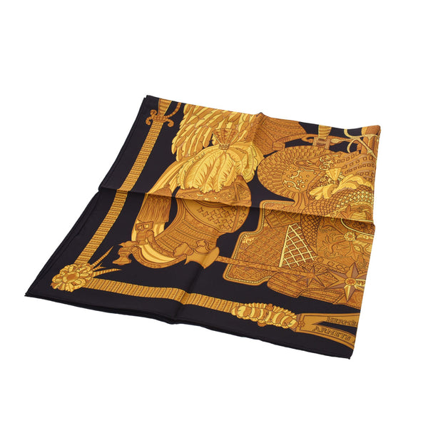 HERMES 90×90 cm black/gold unisex silk 100% scarf A rank used silver ware