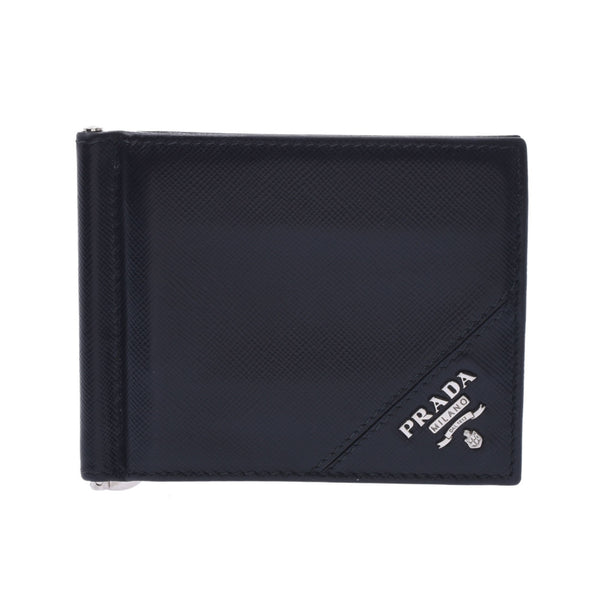 PRADA Prada Two folding wallet with money clip Black silver metal fittings 2M1077 Men's Saffiano wallet B rank used silver warehouse