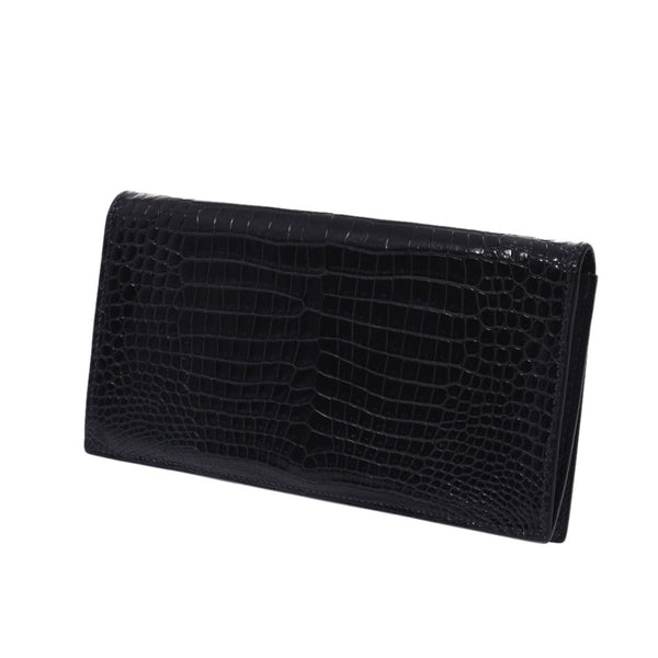 HERMES Hermes Osaka black □ B carved seal (about 1998) ユニセックスポロサス billfold B rank used silver storehouse