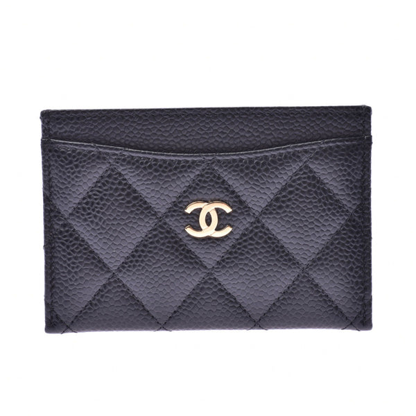 CHANEL Chanel matelasse black gold metal fittings Lady's caviar skin card case A rank used silver storehouse