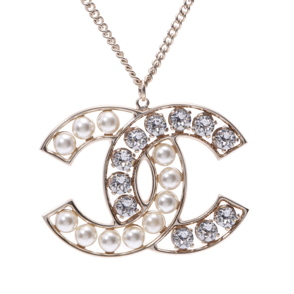 CHANEL Deca Coco Mark Necklace 17 Year Model Ladies Rhinestone/Fake Pearl Necklace A Rank Used Ginzo