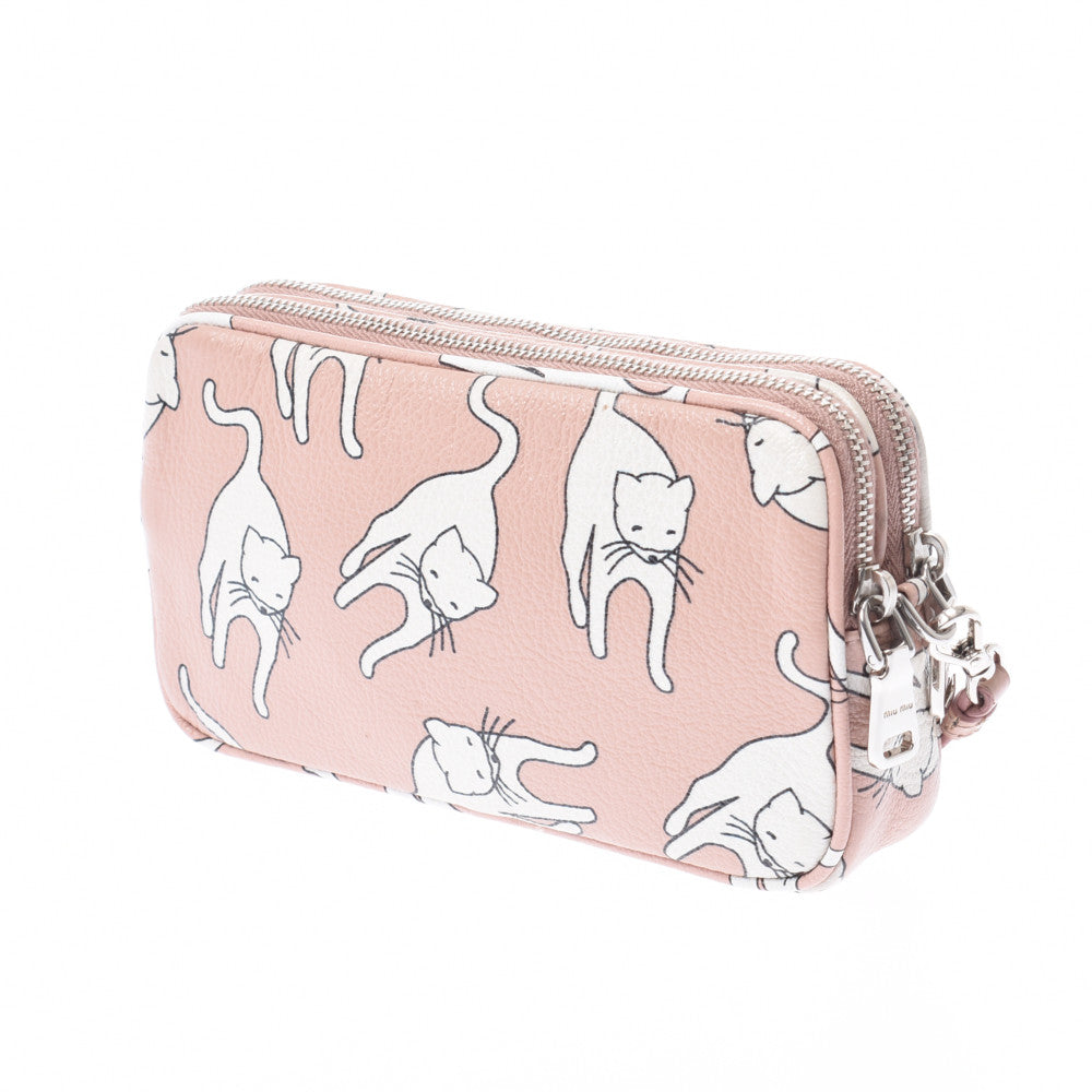 Miu Miu 2WAY Bag Double Zip Cat Pattern Pink Silver Metal Fittings