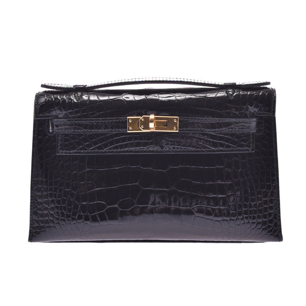 Hermes pochette Kelly black gold hardware D / C (2019) Womens alligator / lychee handbag