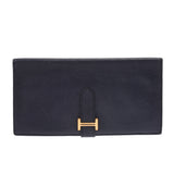 HERMES Hermes Bearn bi-fold wallet navy blue gold metal fittings □ J engraved (around 2006) Unisex Goat long wallet B rank used Ginzo