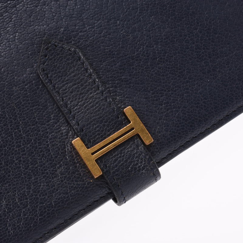 HERMES Hermes Bearn bi-fold wallet navy blue gold metal fittings □ J engraved (around 2006) Unisex Goat long wallet B rank used Ginzo