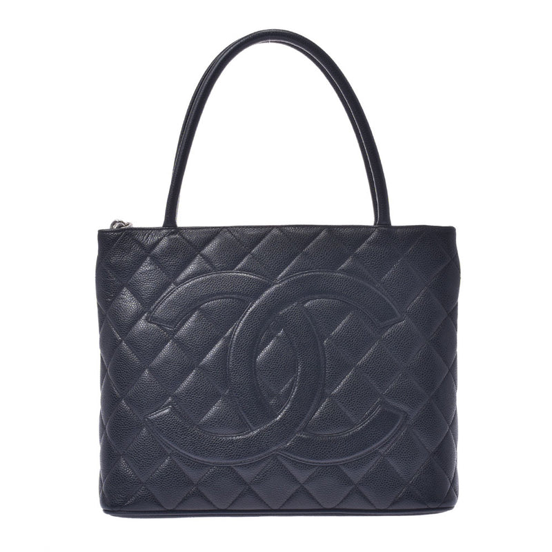 CHANEL Reprint Tote Black Silver Hardware Ladies Caviar Skin Tote Bag A Rank Used Ginzo