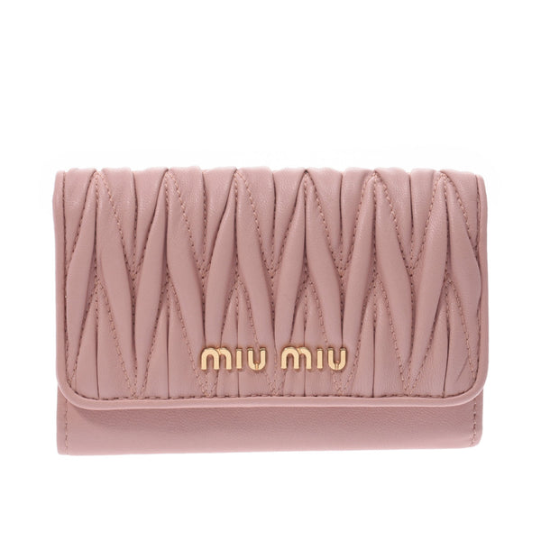 Miumiu Miu Miu Materasse Compact钱包市场粉色金支架女性Nappa皮革三折叠钱包新Sanko