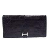 Hermes Baan Souffle black silver hardware oval alligator mat Long Wallet