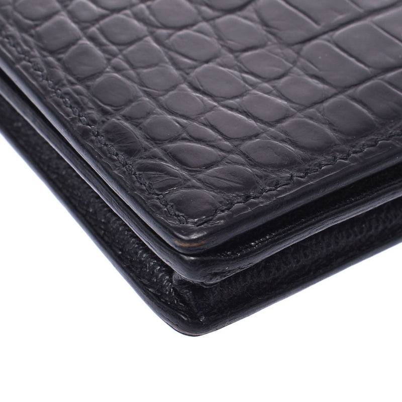 Hermes Baan Souffle black silver hardware oval alligator mat Long Wallet