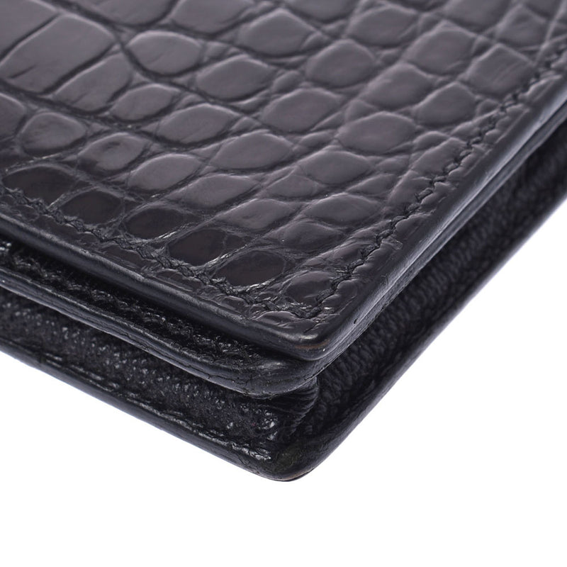 Hermes Baan Souffle black silver hardware oval alligator mat Long Wallet