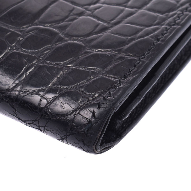 Hermes Baan Souffle black silver hardware oval alligator mat Long Wallet