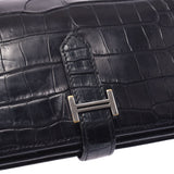 Hermes Baan Souffle black silver hardware oval alligator mat Long Wallet