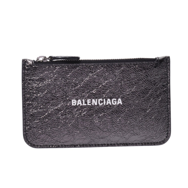 BALENCIAGA Valenciaga Zip Pocket Card Holder Black Silver type 594214 Unisex Leather Card Case A Rank used Ginzo