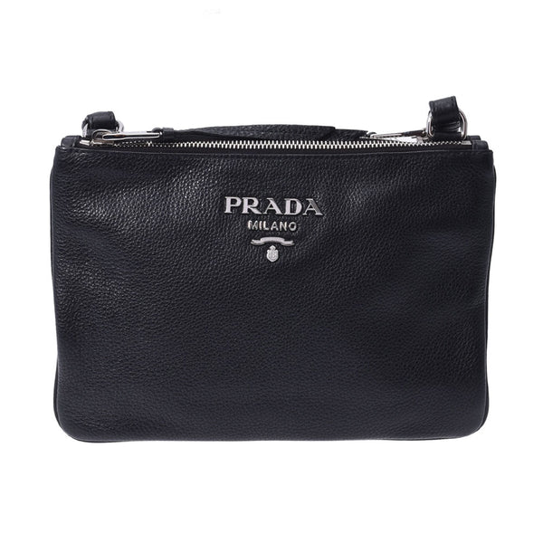 PRADA Prada Vittellofenix Black Unisex Leather Shoulder Bag AB Rank Used Ginzo