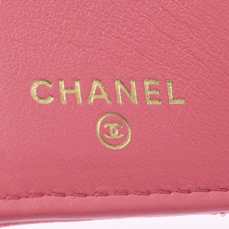 CHANEL Chanel Matrasse Coco Mark Compact Mitsu Fold Wallet Pink Gold Bracket Ladies Lambskin Three Fold Wallet AB Rank Used Ginzo