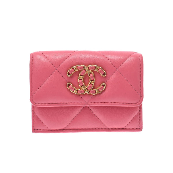 CHANEL Chanel Matrasse Coco Mark Compact Mitsu Fold Wallet Pink Gold Bracket Ladies Lambskin Three Fold Wallet AB Rank Used Ginzo