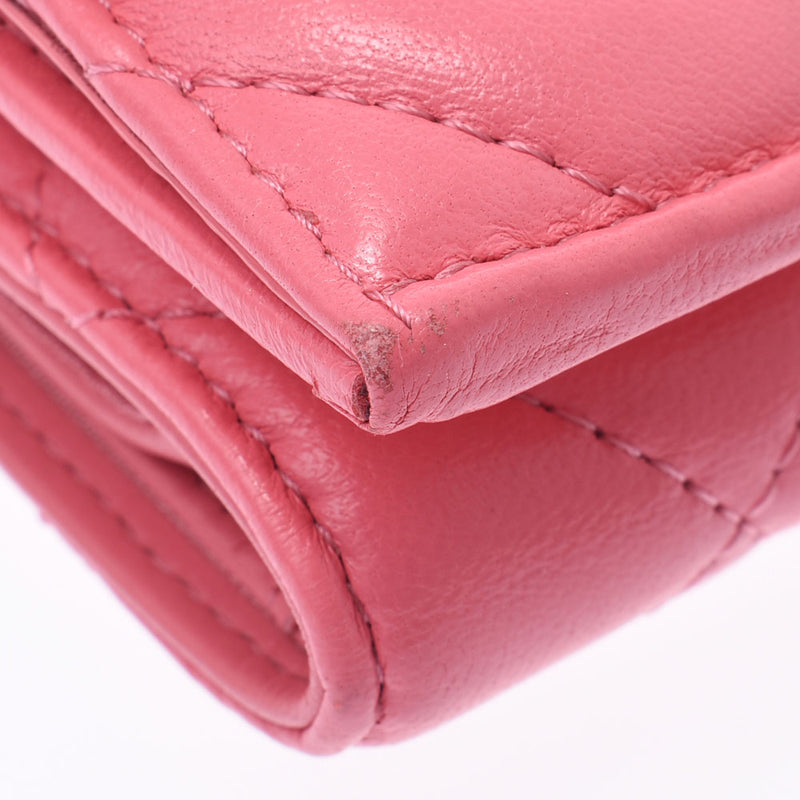 CHANEL Chanel Matrasse Coco Mark Compact Mitsu Fold Wallet Pink Gold Bracket Ladies Lambskin Three Fold Wallet AB Rank Used Ginzo