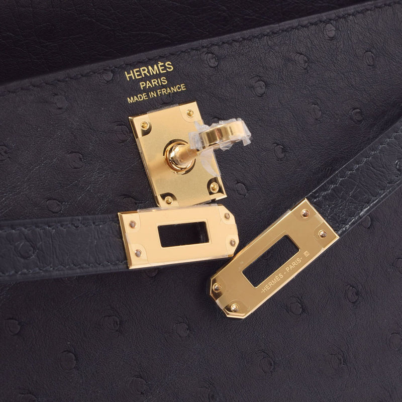 HERMES Hermes Kelly 25 2WAY Bag Black Gold Bracket Z engraved (around 2021) Ladies Ostrich Handbag New Ginzo
