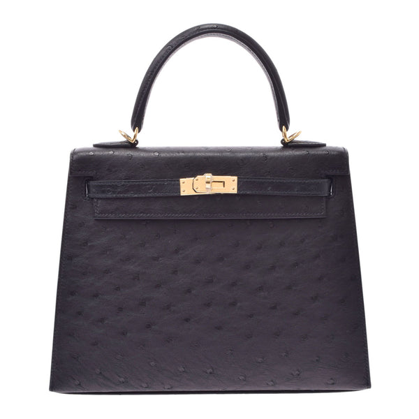 HERMES Hermes Kelly 25 2WAY Bag Black Gold Bracket Z engraved (around 2021) Ladies Ostrich Handbag New Ginzo