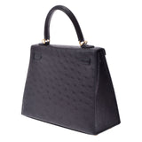 HERMES Hermes Kelly 25 2WAY Bag Black Gold Bracket Z engraved (around 2021) Ladies Ostrich Handbag New Ginzo