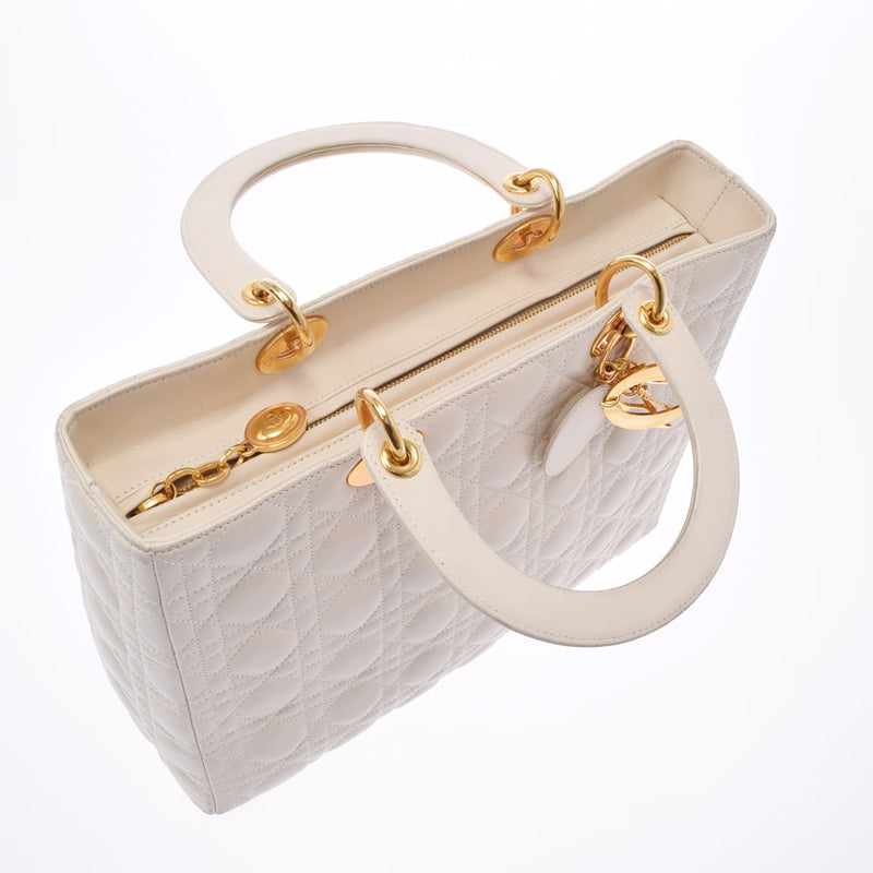 CHRISTIAN DIOR クリスチャンディオール カナージュバッグ アイボリー ゴールド金具 レディース ラムスキン ハンドバッグ Bランク 中古 銀蔵