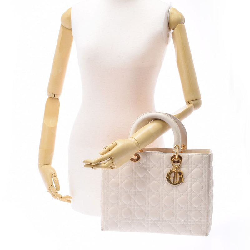 CHRISTIAN DIOR クリスチャンディオール カナージュバッグ アイボリー ゴールド金具 レディース ラムスキン ハンドバッグ Bランク 中古 銀蔵