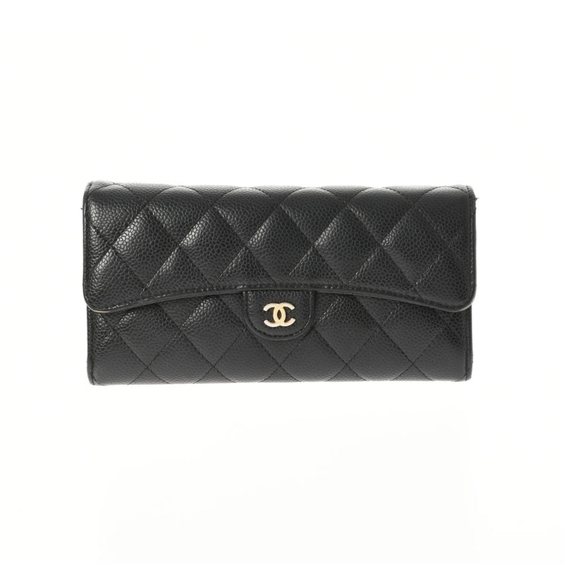 CHANEL シャネル マトラッセ ロングフラップウォレット 黒 ゴールド金具 A80758 レディース キャビアスキン 長財布 Bランク 中古 銀蔵