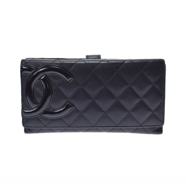 CHANEL Chanel Cambon Line Three Folding Black/Black Ladies Ram Skin/Enamel Long Wallet B Rank Used Ginzo