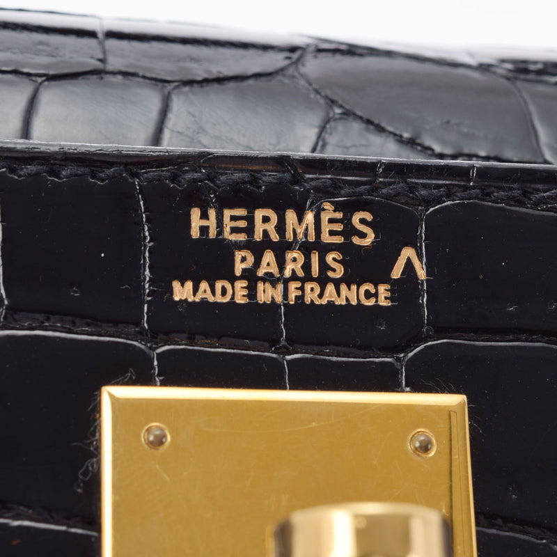 HERMES Hermes Kelly 32 outer sewing 2WAY Black Gold Bracket ○ Z engraved (around 1996) Ladies Porosus Handbag AB Rank Used Ginzo