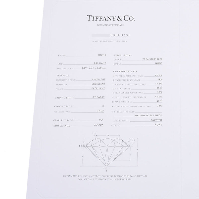 TIFFANY＆Co。蒂芙尼纸牌0.19ct G-VS1-EX女士PT950 /钻石戒指/ 5号环二手