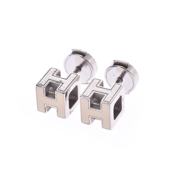 HERMES Hermes H Cube white silver metal fittings ladies earrings B-rank second-hand silver ware