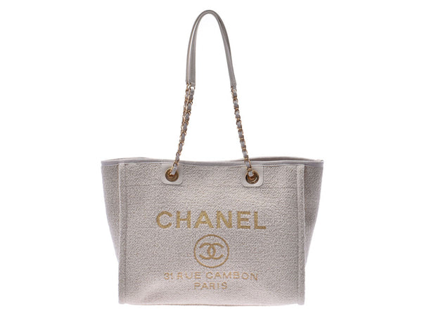 シャネル ドーヴィル 白 ラメ レディース ツイード チェーントートバッグ 新同 美品 CHANEL ギャラ 中古 銀蔵