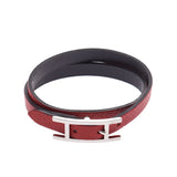 HERMES Red/Navy Blue Silver Hardware Unisex Leather Bracelet AB Rank Used Ginzo