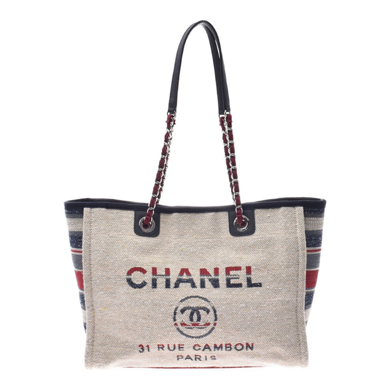 CHANEL Chanel Deauville MM chain tote bag horizontal stripe lady's canvas / leather shoulder bag A rank used silver storehouse