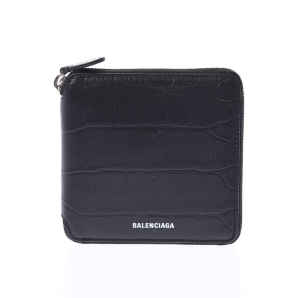 BALENCIAGA バレンシアガ スクエアウォレット クロコ型押し 黒 ユニセックス レザー 二つ折り財布 Aランク 中古 銀蔵