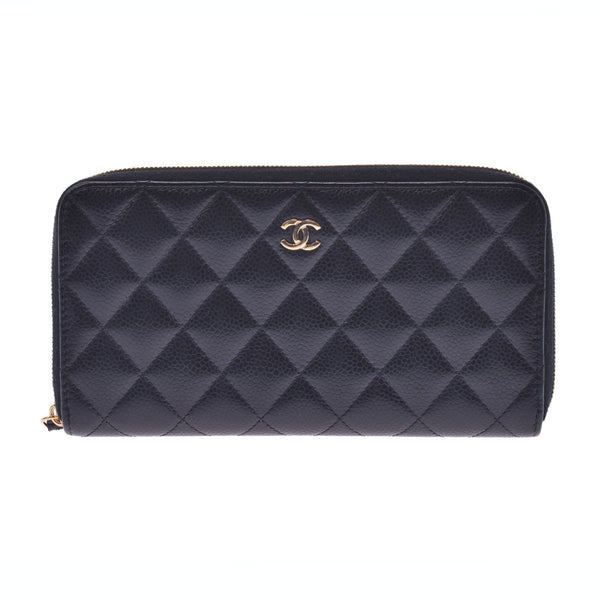 CHANEL Chanel Matrasse Round Zipper Wallet Black Gold Hardware Unisex Caviar Skin Wallet AB Rank Used Ginzo