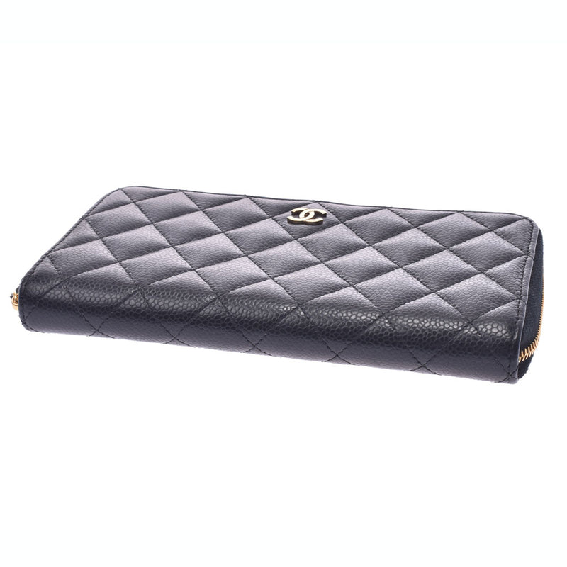 CHANEL Chanel Matrasse Round Zipper Wallet Black Gold Hardware Unisex Caviar Skin Wallet AB Rank Used Ginzo