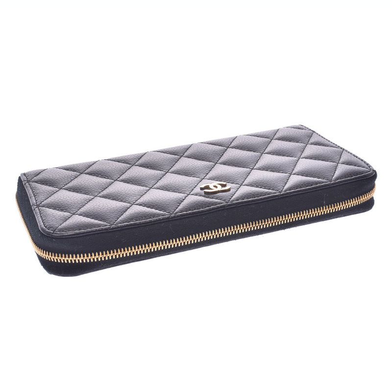 CHANEL Chanel Matrasse Round Zipper Wallet Black Gold Hardware Unisex Caviar Skin Wallet AB Rank Used Ginzo